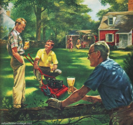 Men in 1950s suburbia mowing lawns