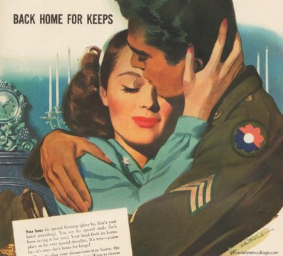 vintage illustration ww2 soldier embracing girl 1945