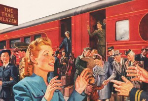 Vintage illustration returning ww2 vets are greeted at train 1945