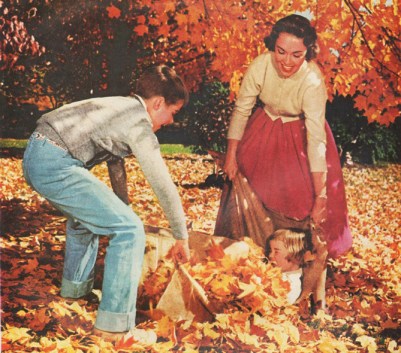 Vintage Ad Kodak camera 1957 1950s suburban family playing in fall leaves