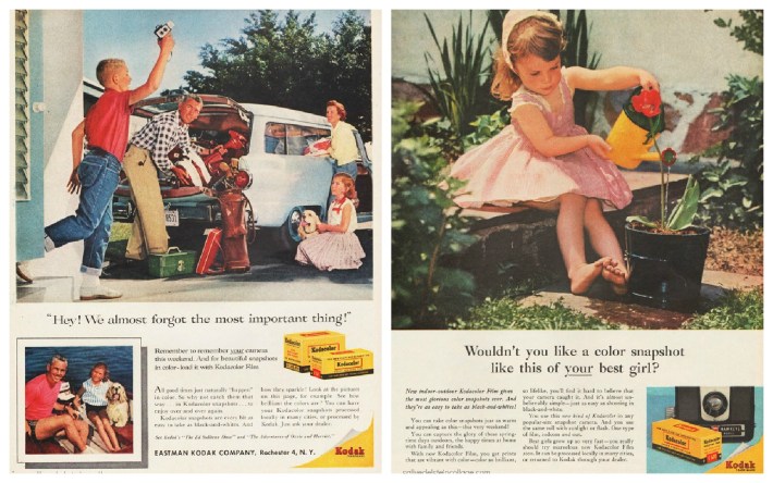 vintage Kodak camera ads 1950s, 1962 happy suburban family 1960s in their station wagon