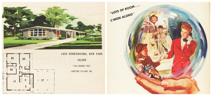 vintage illustration postwar suburban house and 1940s American family in bubble