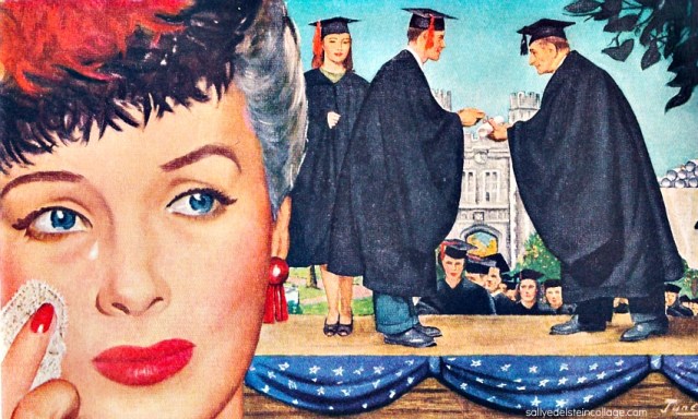 vintage illustration mother crying college students graduating 1940s