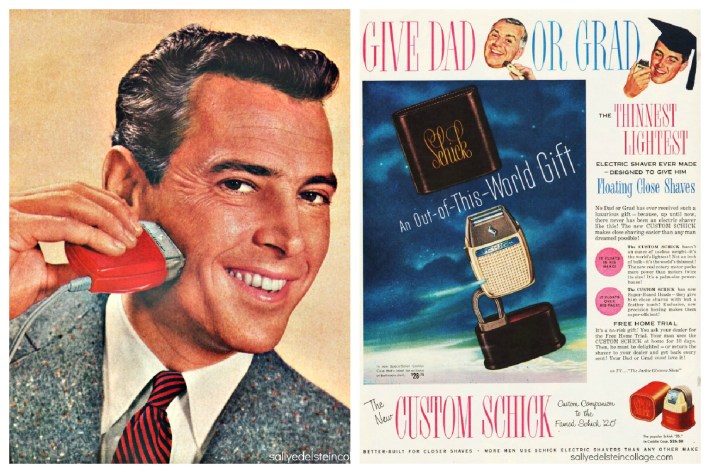 vintage 1950s man shaving with electric razor picture of graduate shaving