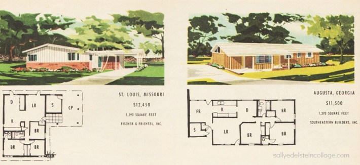 vintage illustration postwar suburban houses and blueprints 1950s