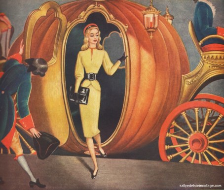 vintage illustration art and advertising 1940s woman in Cinderellas Royal pumpkin coach 