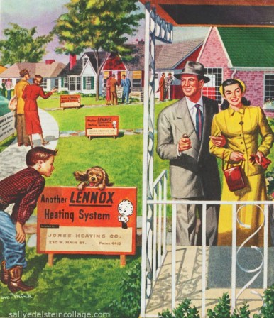 vintage illustration in ad, suburban couples and families looking at houses 1950s