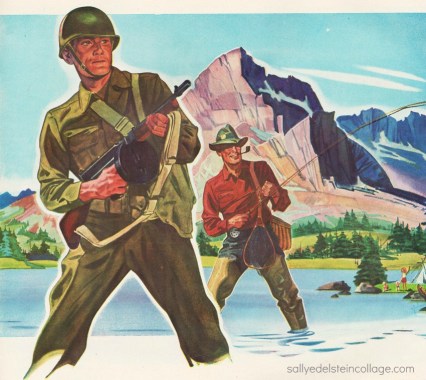 vintage illustration WWII soldier returning vet fisherman wwii