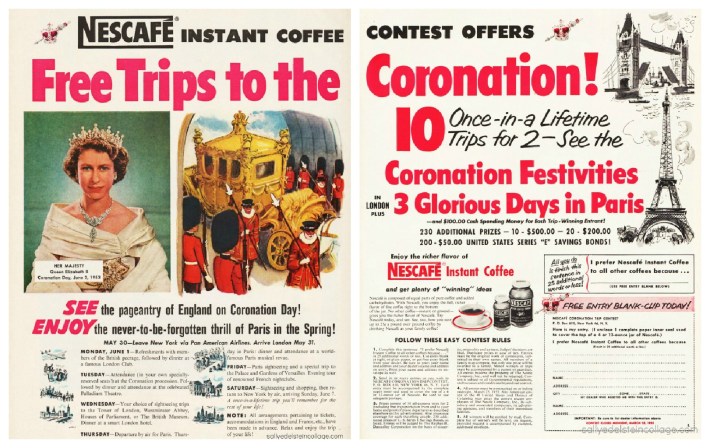 photo of Queen Elizabeth for her Coronation vintage illustration of royal coach, London Bridge, Eiffel Tower 