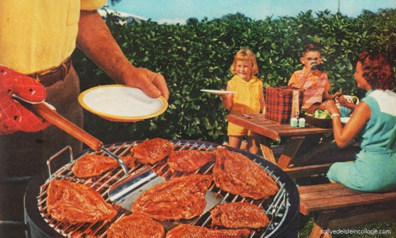 1950s family at backyard barbecue grill