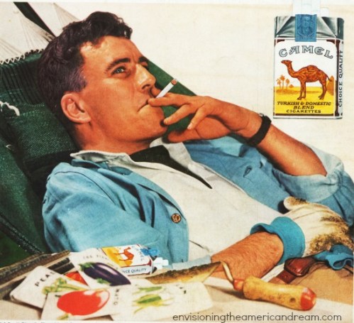 suburban man smoking cigarette while gardening