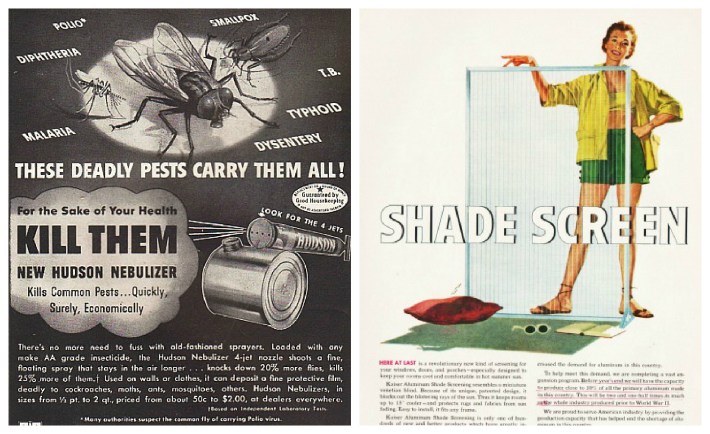 (L) Vintage ad Hudson Bug Sprayer 1950s (R) vintage Ad Home screens 1950s vintage illustrations housfly and 1950s woman with screen