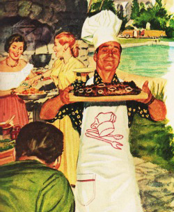 Vintage illustration suburban barbecue man in chefs hat
