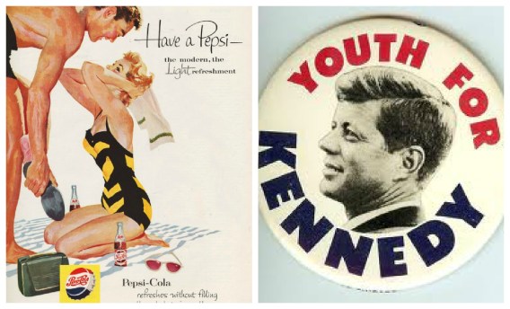 (l) Vintage Ad Pepsi 1954 (R) vintage campaign button Youth for Kennedy 1960 vintage illustration 1950s couple on beach and old JFK campaign button