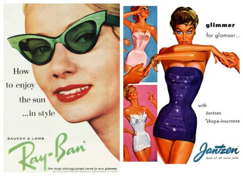 vintage illustration 1950s woman swimsuit by illustrator Pete hawley, midcentury woman in Ray ban sunglasses 11960
