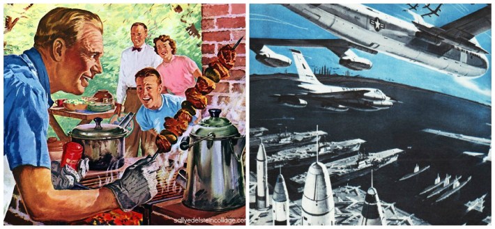 vintage ad 1950s barbecue and vintage illustration of defense weapons 1950s