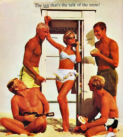 retro teens in 1960s bathing suits tanning