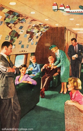 vintage illustration airplane interior stewardess 1950s