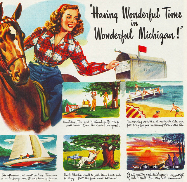 Vintage Illustration travel Ad having a wonderful time in Michigan