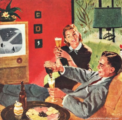 Vintage illustration Pruett Carter 1950s couple watching TV