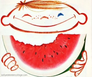 Vintage illustration art &Advertising little boy eating watermelon 1950s
