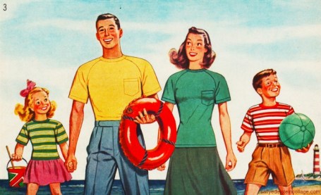 Vintage illustration family at beach 1946