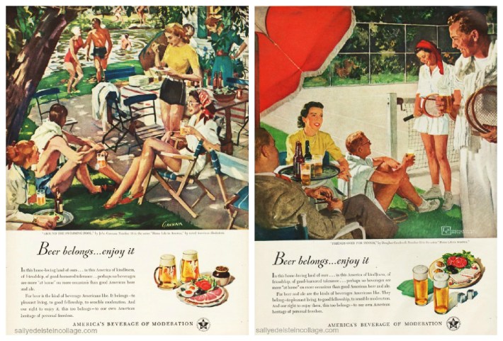 vintage illustrations suburban pools and tennis 1940s retro beer ads