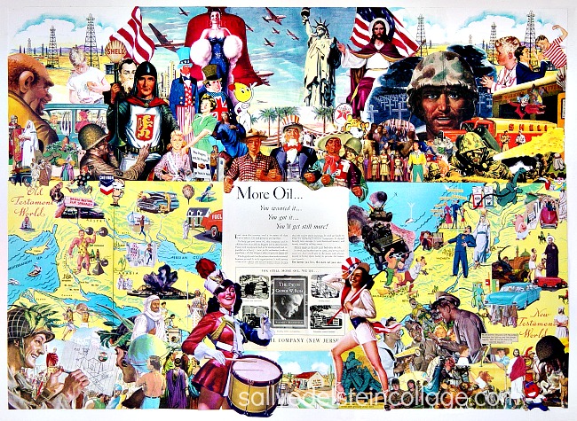 Sally Edelsteins Collage composed of vintage illustratios from 40s, 50s looks at American Crusaders and Middle East Oilt