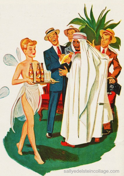 Vintage illustration Arab sheik, White Rock Psyche  and reporters