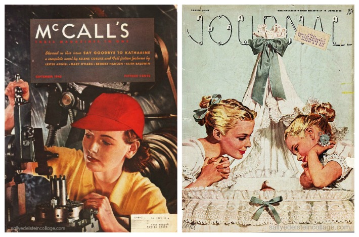 collage magazine covers contrating WWII Women work covers and illustration of mother and child 