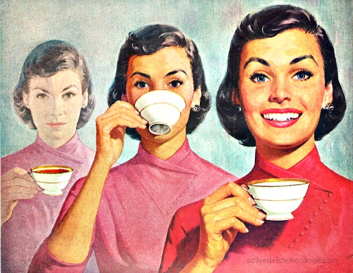 Vintage illustration 1950s housewife drinking coffee