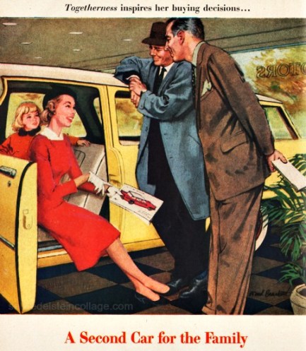 vintage illustration 1950s family buying car