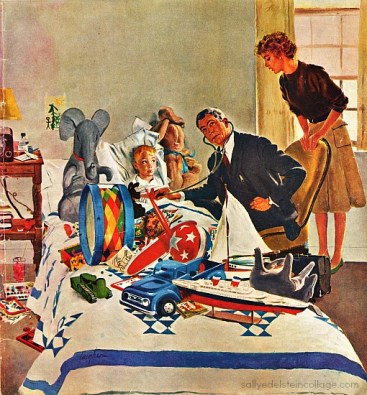 Vintage illustration dr visiting sick boy in bed 1960