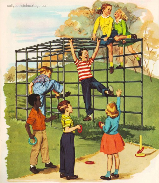 Vintage Childrens School book illustration 1960 playground