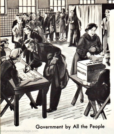 Vintage illustration Childrens school Book 1960 Americans voting