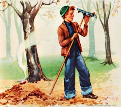 vintage childrens school book illustration boy burning leaves