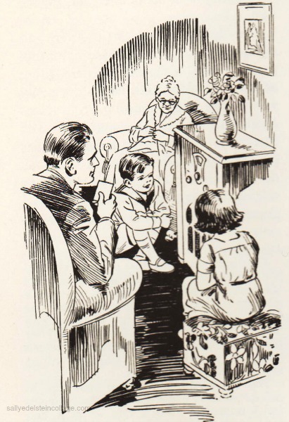 Vintage childrens illustration 1930s listening to radio