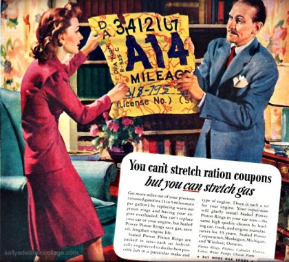 Vintage WWII Ad Sealed Piston Rings 1945 Vintage WWII AD Illustration couple pulling gas coupon