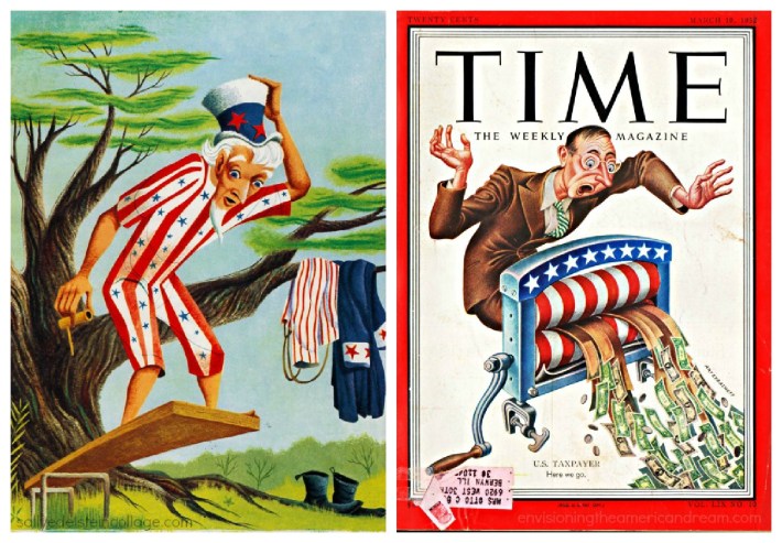 Fiscal Cliff and the American Taxpayer (L) Vintage Illustration 1954 (R) Vintage Time magazine 1952 Vintage illustrations American Taxpayer Uncle Sam