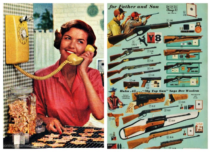 vintage photo woman on phone and vintage catalog page for guns 