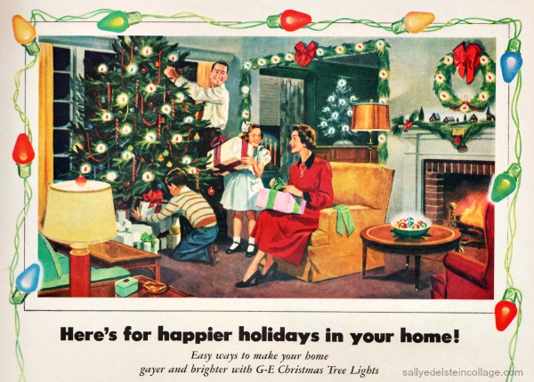 Vintage illustration xmas lights family decorating tree 1950s 