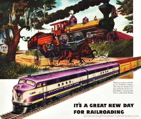 travel RR GM Diesel train 1945 vintage Ad illustration train 