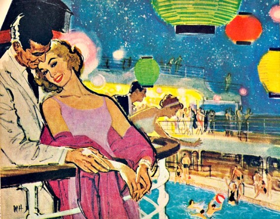 travel couple on cruise illustration 1950s 