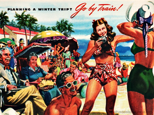 Vintage ad Pullman Standard Train 1940s travel RR Pullman vacationers winter vintage illustration ad 1940s