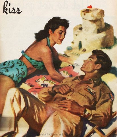 WWII Vintage Illustration 1945 Pruett Carter Illustrator WWII Illustration soldier and girl at beach
