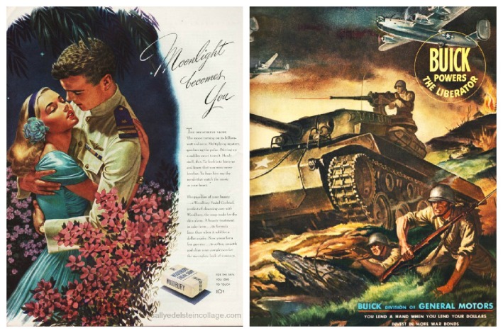WWII  vintage ads, romance, soldiers illustration