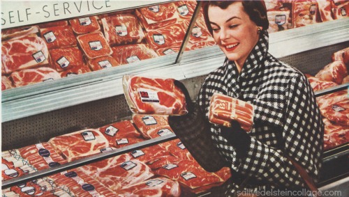 Vintage Ad Cellophane 1950 1950s housewife supermarket shopping packaged meats