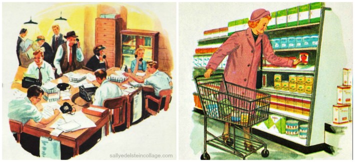 shopping newspaper childrens schoolbook illustration 1950s