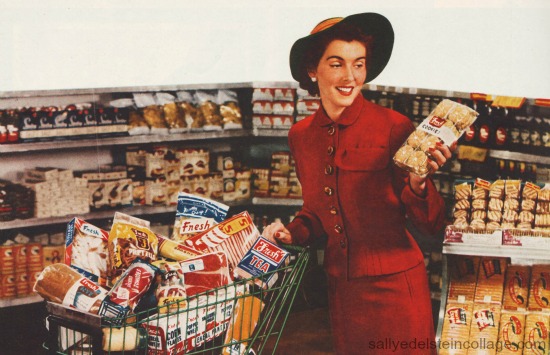 Smart Shopper -Vintage Ad Dupont Cellophane 1952 1950s housewife grocery shopping shopping cart
