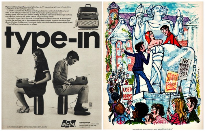 1967 College typewriter ad, vintage illustration 1960s Playboy